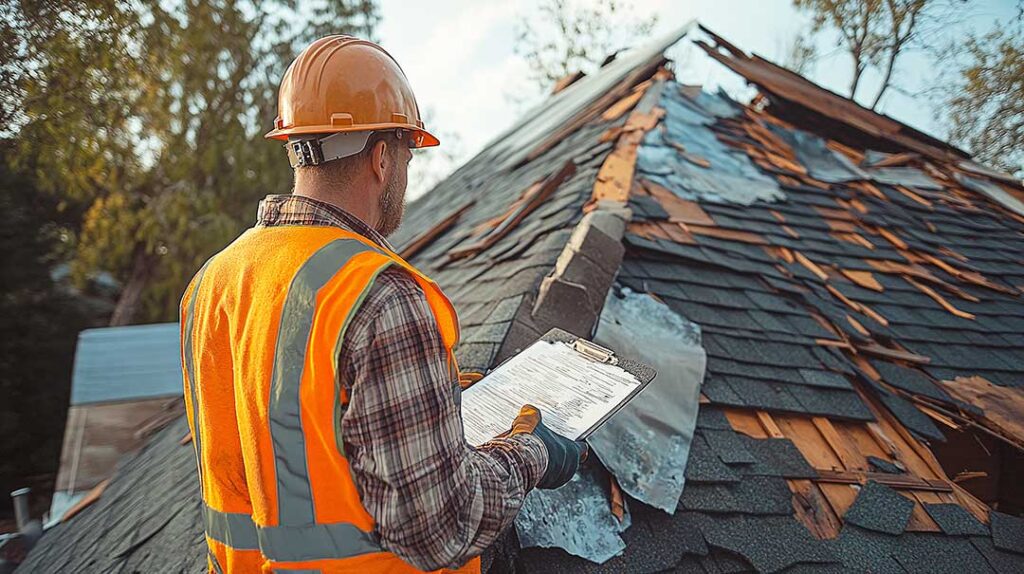 Roofing worker examines a labeled shingle bundle beside a roof deck and underlayment samples.